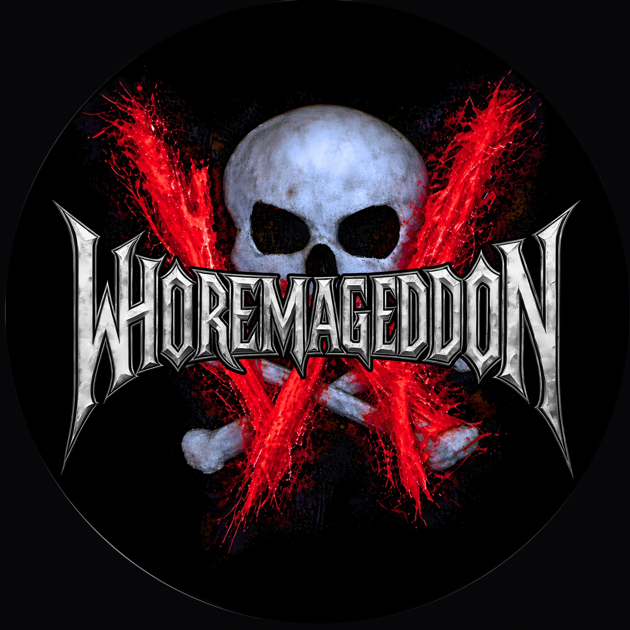 Original Whoremageddon skull and metallic wordmark, mounted in a square black-metal frame